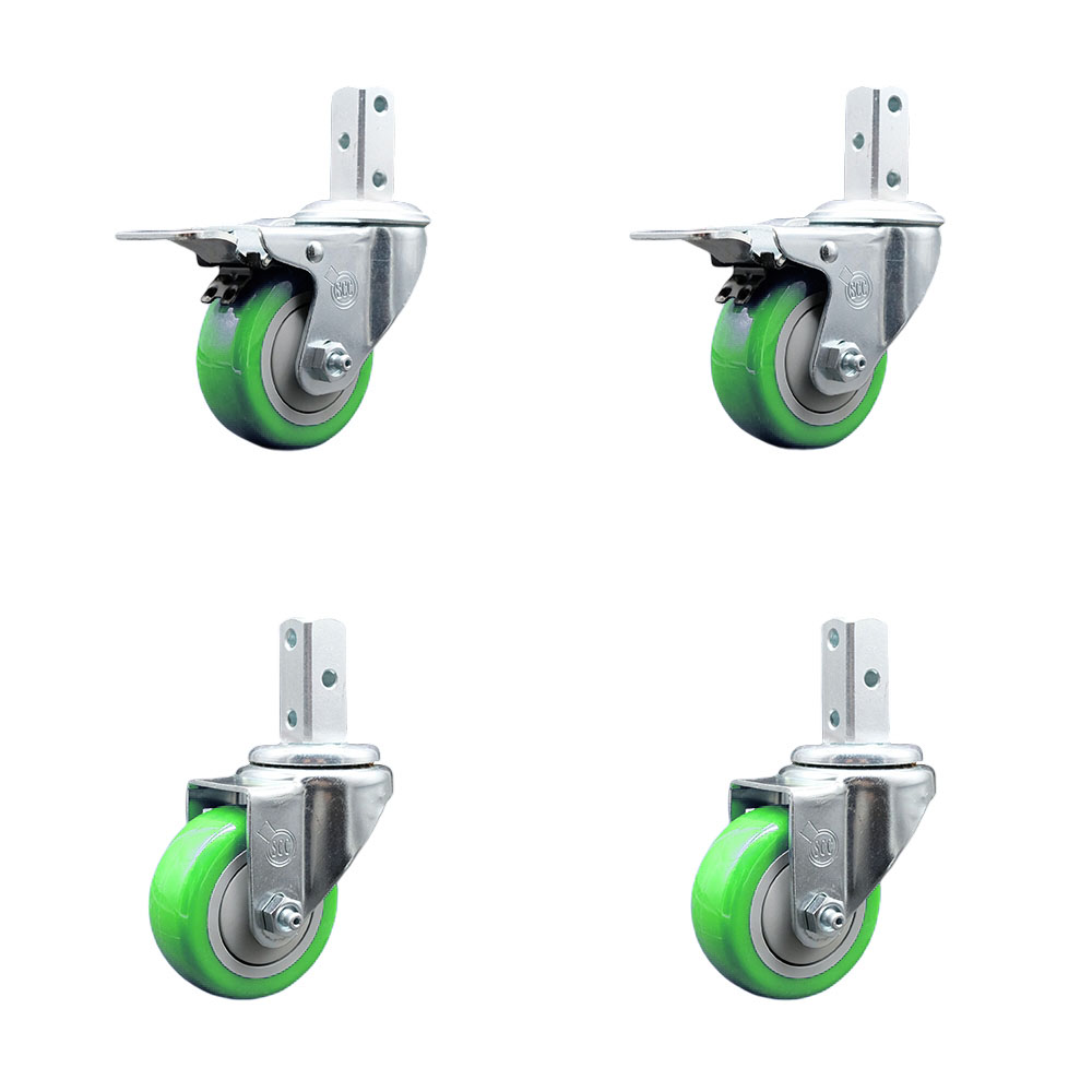 Swivel Square Stem Caster Set 4 w/3.5” x 1.25” Green Poly Wheel - 3/4” x 2” Square Stem with (3) 17/64” Diameter Mounting Holes-Includes 2 Total Lock Brakes-1200lbs. Cpty/Caster - Service Caster Brand — photo 1