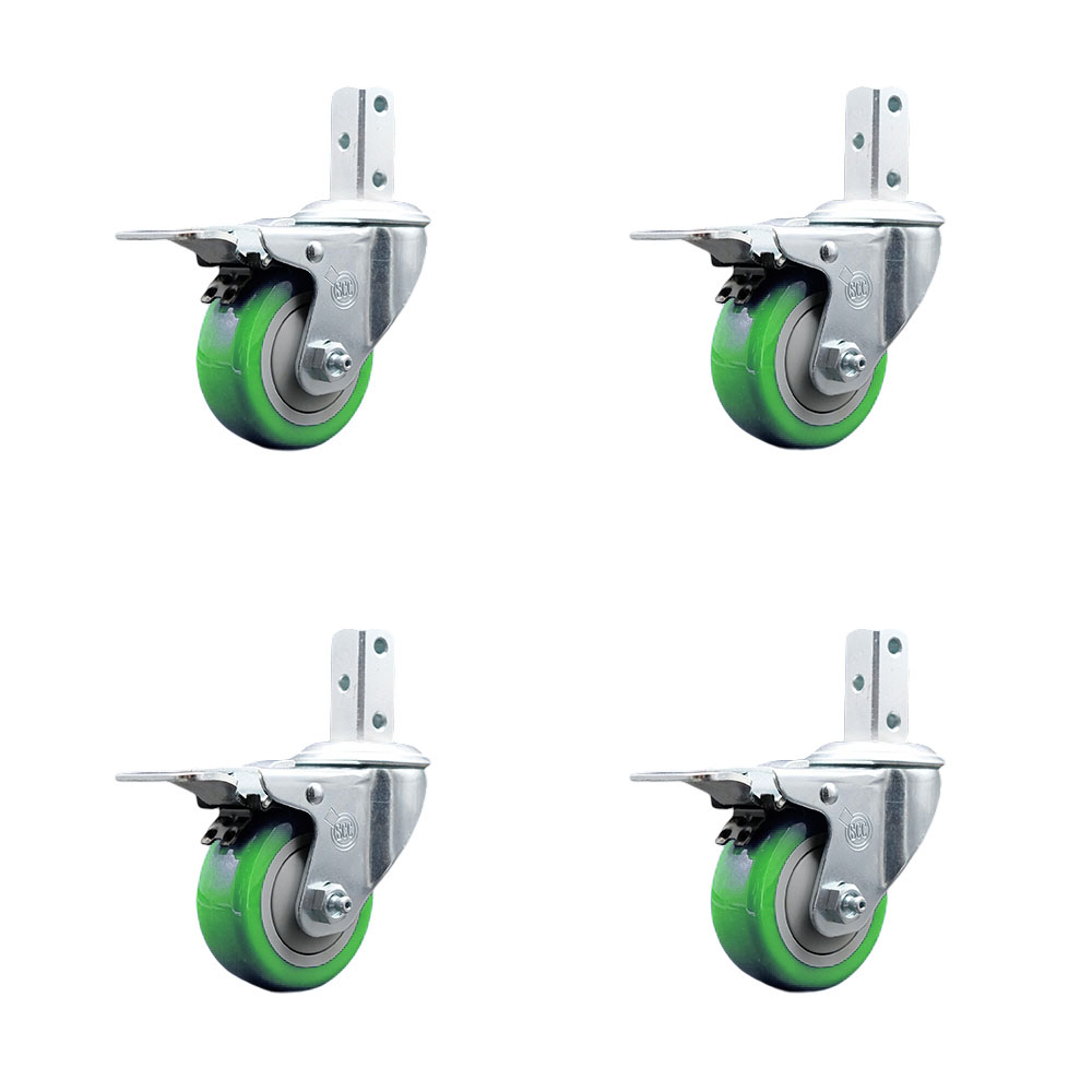 Swivel Square Stem Caster Set 4 w/3.5” x 1.25” Green Poly Wheel - 3/4” x 2” Square Stem with (3) 17/64” Diameter Mounting Holes-Includes 4 Total Lock Brakes-1200lbs. Cpty/Caster - Service Caster Brand — photo 1