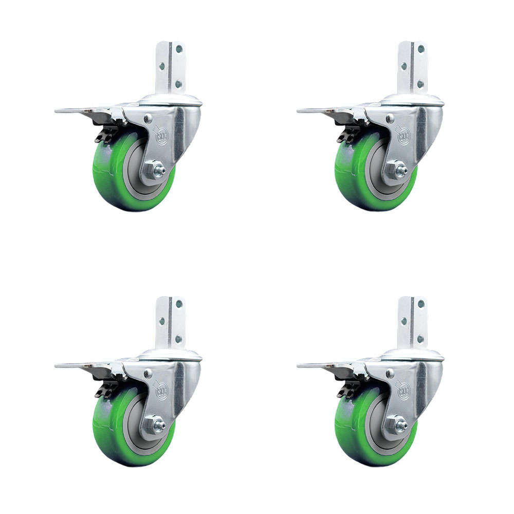 Swivel Square Stem Caster Set 4 w/3.5” x 1.25” Green Poly Wheel - 7/8” x 2” Square Stem with (3) 17/64” Diameter Mounting Holes-Includes 4 Total Lock Brakes-1200lbs. Cpty/Caster - Service Caster Brand — photo 1