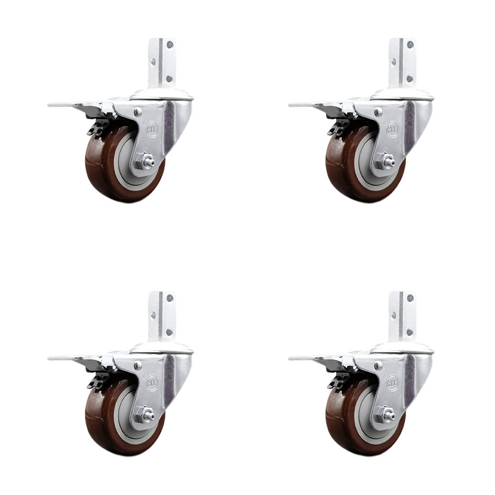 Swivel Square Stem Caster Set 4 w/3.5” x 1.25” Maroon Poly Wheel - 3/4” x 2” Square Stem with (3) 17/64” Diameter Mounting Holes-Includes 4 Total Lck Brakes-1200lbs. Cpty/Caster - Service Caster Brand — photo 1