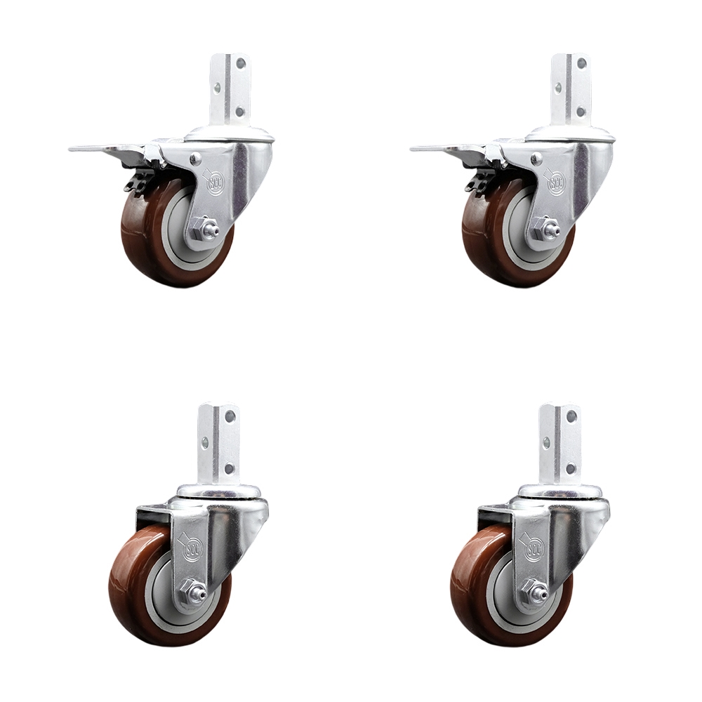 Swivel Square Stem Caster Set 4 w/3.5” x 1.25” Maroon Poly Wheel - 7/8” x 2” Square Stem with (3) 17/64” Diameter Mounting Holes-Includes 2 Total Lck Brakes-1200lbs. Cpty/Caster - Service Caster Brand — photo 1