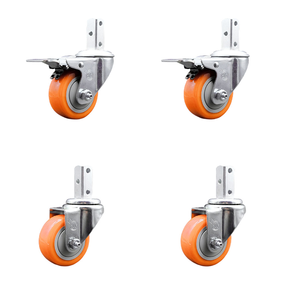 Swivel Square Stem Caster Set 4 w/3.5” x 1.25” Orange Poly Wheel - 3/4” x 2” Square Stem with (3) 17/64” Diameter Mounting Holes-Includes 2 Total Lock Brakes-1200lbs. Cpty/Caster- Service Caster Brand — photo 1
