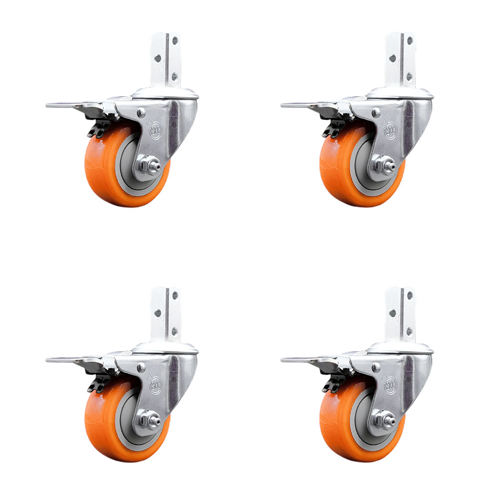 Swivel Square Stem Caster Set 4 w/3.5” x 1.25” Orange Poly Wheel - 3/4” x 2” Square Stem with (3) 17/64” Diameter Mounting Holes-Includes 4 Total Lock Brakes-1200lbs. Cpty/Caster- Service Caster Brand — photo 1