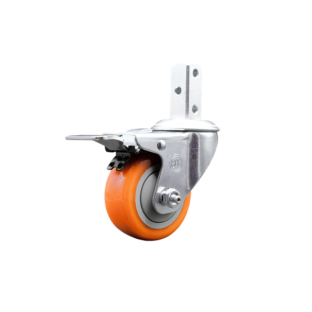 Swivel Square Stem Caster w/3.5” x 1.25” Orange Polyurethane Wheel – 7/8” x 2” Square Stem with (3) 17/64” Diameter Mounting Holes & Total Lock Brakes – 300 lbs. Capacity/Caster – Service Caster Brand — photo 1