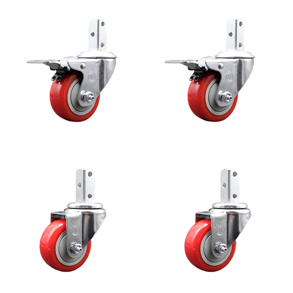 Swivel Square Stem Caster Set 4 w/3.5” x 1.25” Red Poly Wheel - 3/4” x 2” Square Stem with (3) 17/64” Diameter Mounting Holes-Includes 2 Total Lock Brakes-1200lbs. Cpty/Caster - Service Caster Brand — photo 1