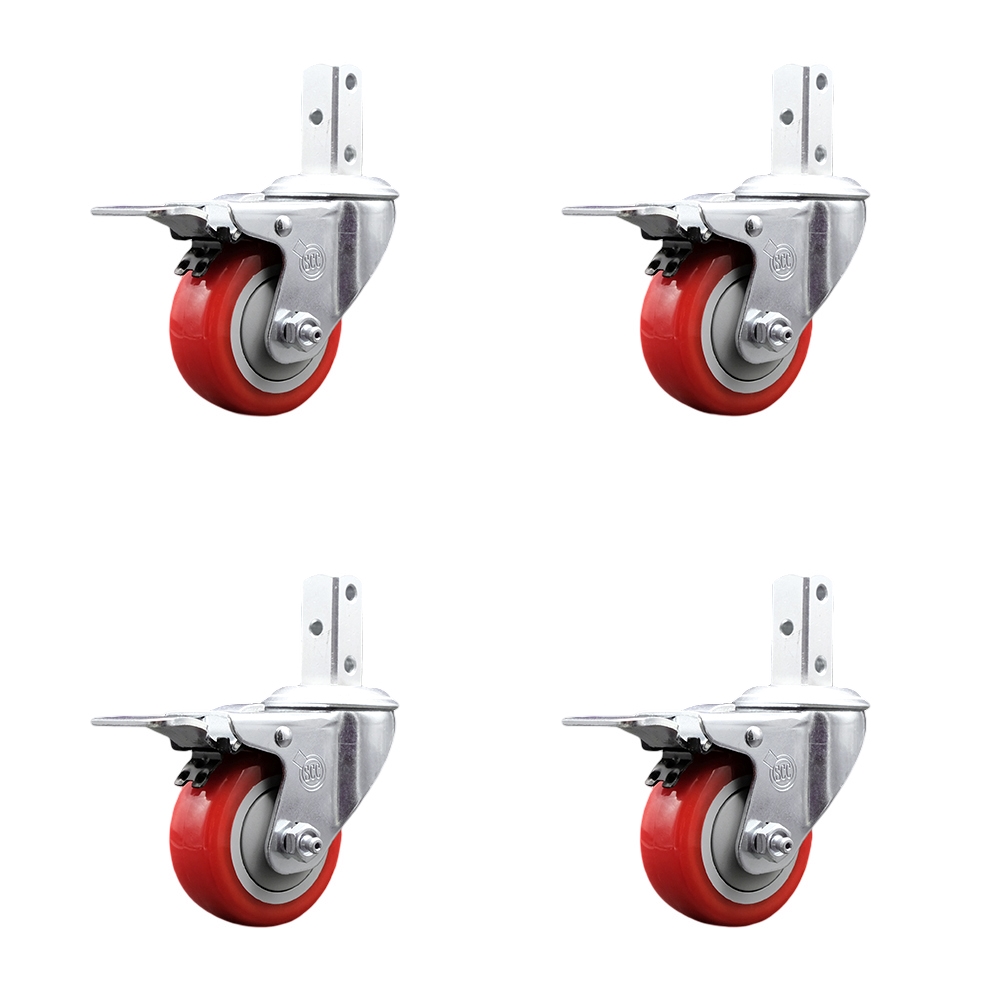 Swivel Square Stem Caster Set 4 w/3.5” x 1.25” Red Poly Wheel - 3/4” x 2” Square Stem with (3) 17/64” Diameter Mounting Holes-Includes 4 Total Lock Brakes-1200lbs. Cpty/Caster - Service Caster Brand — photo 1