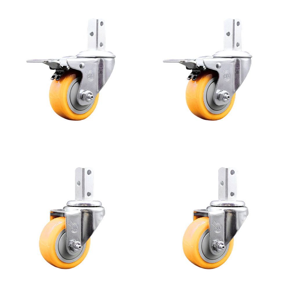 Swivel Square Stem Caster Set 4 w/3.5” x 1.25” Yellow Poly Wheel - 3/4” x 2” Square Stem with (3) 17/64” Diameter Mounting Holes-Includes 2 Total Lock Brakes-1200lbs. Cpty/Caster- Service Caster Brand — photo 1