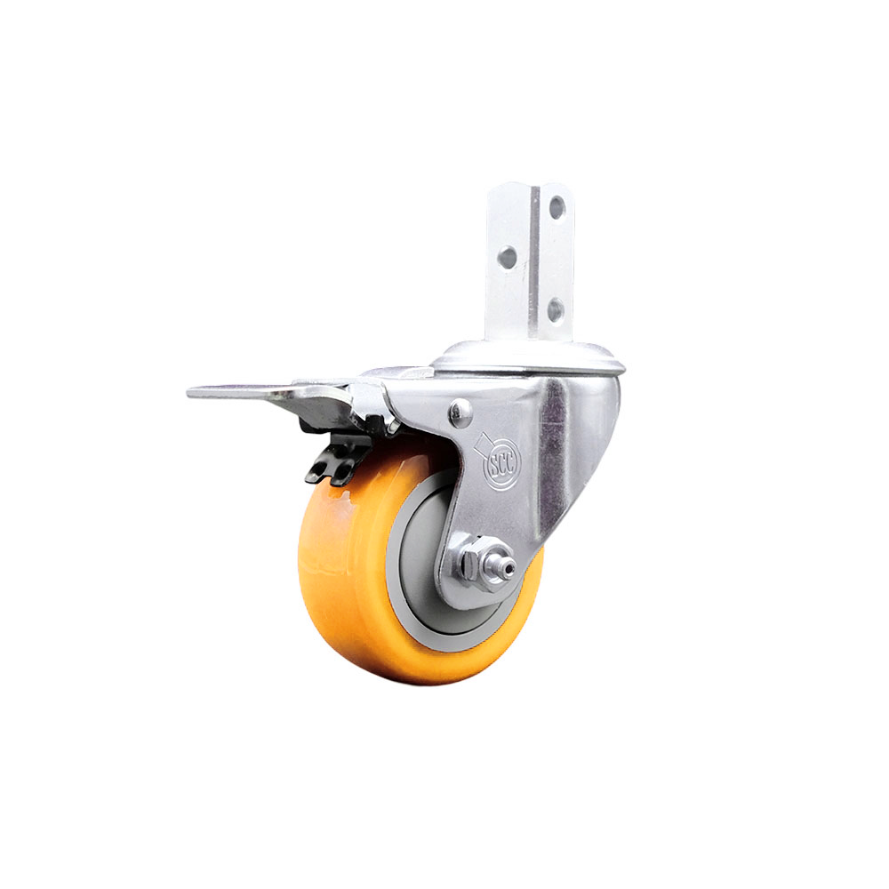 Swivel Square Stem Caster w/3.5” x 1.25” Yellow Polyurethane Wheel – 3/4” x 2” Square Stem with (3) 17/64” Diameter Mounting Holes & Total Lock Brakes – 300 lbs. Capacity/Caster – Service Caster Brand — photo 1