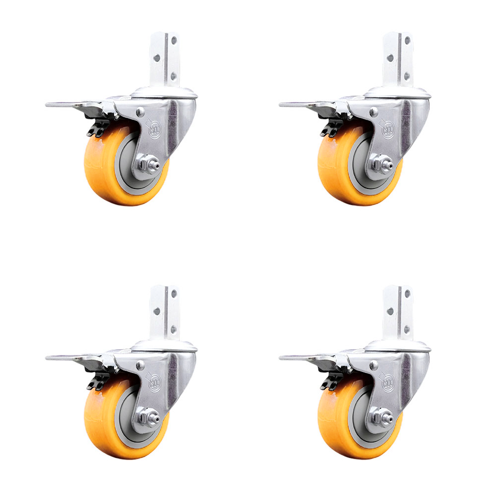 Swivel Square Stem Caster Set 4 w/3.5” x 1.25” Yellow Poly Wheel- 7/8” x 2” Square Stem with (3) 17/64” Diameter Mounting Holes-Includes 4 Total Lock Brakes-1200lbs. Cpty/Caster - Service Caster Brand — photo 1