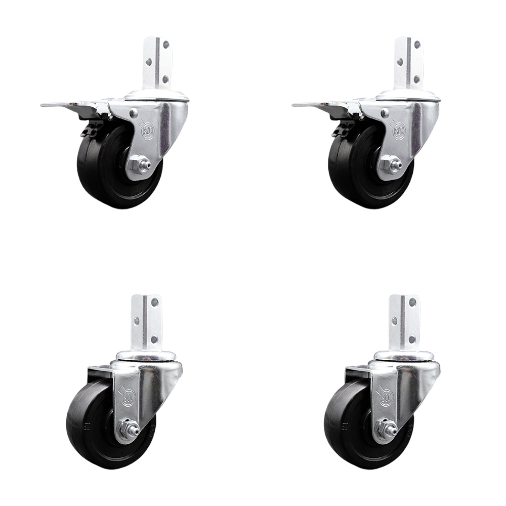 Swivel Square Stem Caster Set 4 w/3.5” x 1.25” Black Soft Rubber Wheel-3/4” x 2” Square Stem with (3) 17/64” Diameter Mounting Holes-Includes 2 Total Lck Brake-800lbs. Cpty/Caster-Service Caster Brand — photo 1