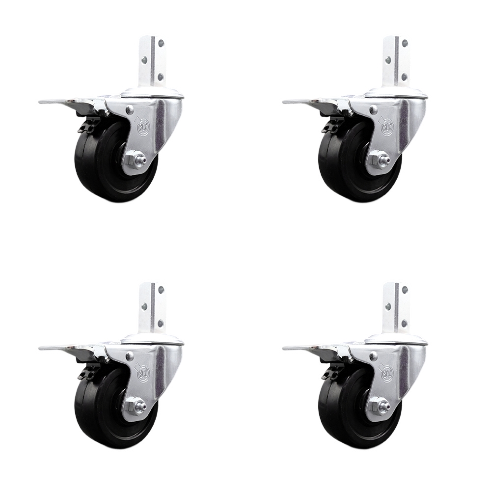 Swivel Square Stem Caster Set 4 w/3.5” x 1.25” Black Soft Rubber Wheel-7/8” x 2” Square Stem with (3) 17/64” Diameter Mounting Holes-Includes 4 Total Lck Brake-800lbs. Cpty/Caster-Service Caster Brand — photo 1