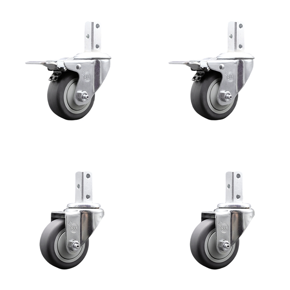 Swivel Square Stem Caster Set 4 w/3.5” x 1.25” Gray Thermoplastic Rubber Wheel - 3/4” x 2” Square Stem with (3) 17/64” Diameter Mounting Holes - Includes 2 Total Lock Brakes - Service Caster Brand — photo 1