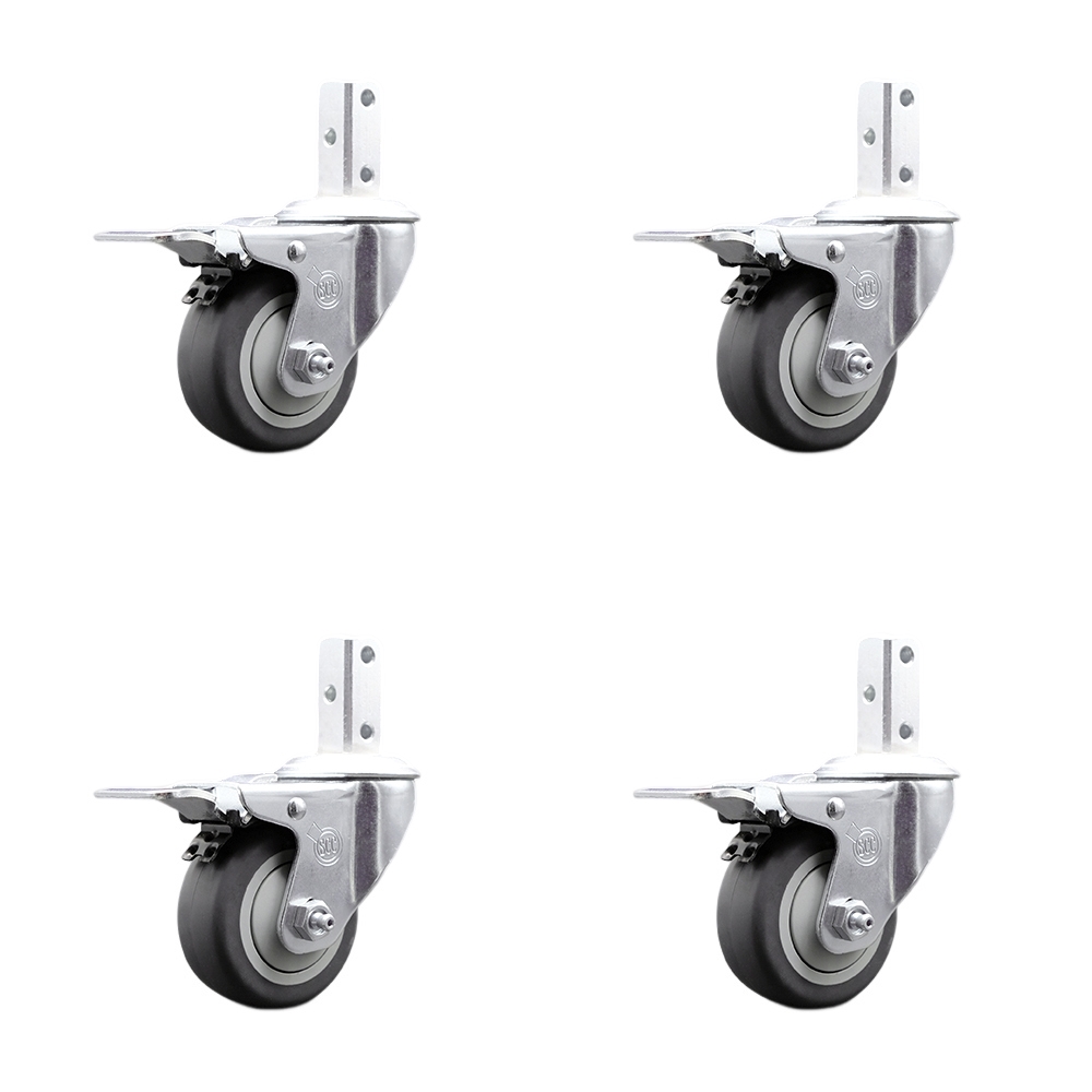 Swivel Square Stem Caster Set 4 w/3.5” x 1.25” Gray Thermoplastic Rubber Wheel - 3/4” x 2” Square Stem with (3) 17/64” Diameter Mounting Holes - Includes 4 Total Lock Brakes - Service Caster Brand — photo 1