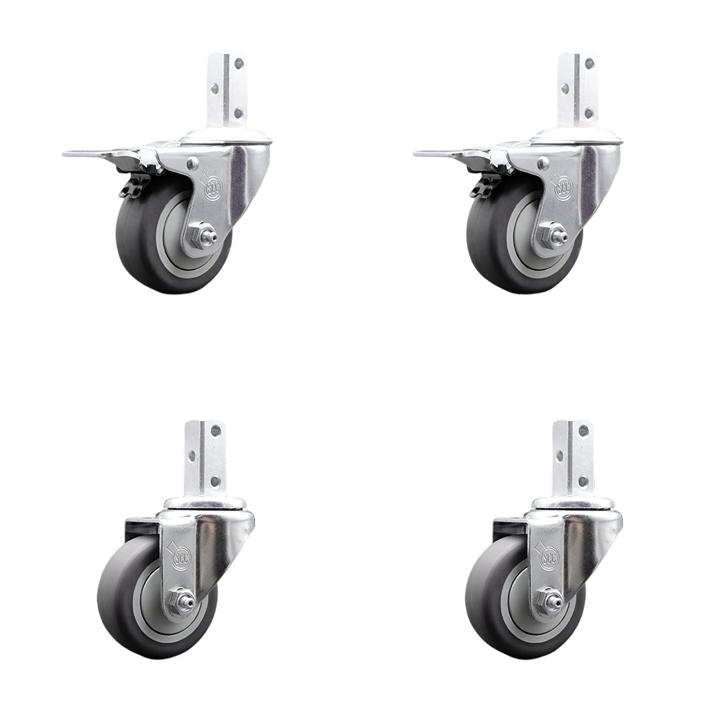 Swivel Square Stem Caster Set 4 w/3.5” x 1.25” Gray Thermoplastic Rubber Wheel - 7/8” x 2” Square Stem with (3) 17/64” Diameter Mounting Holes - Includes 2 Total Lock Brakes - Service Caster Brand — photo 1