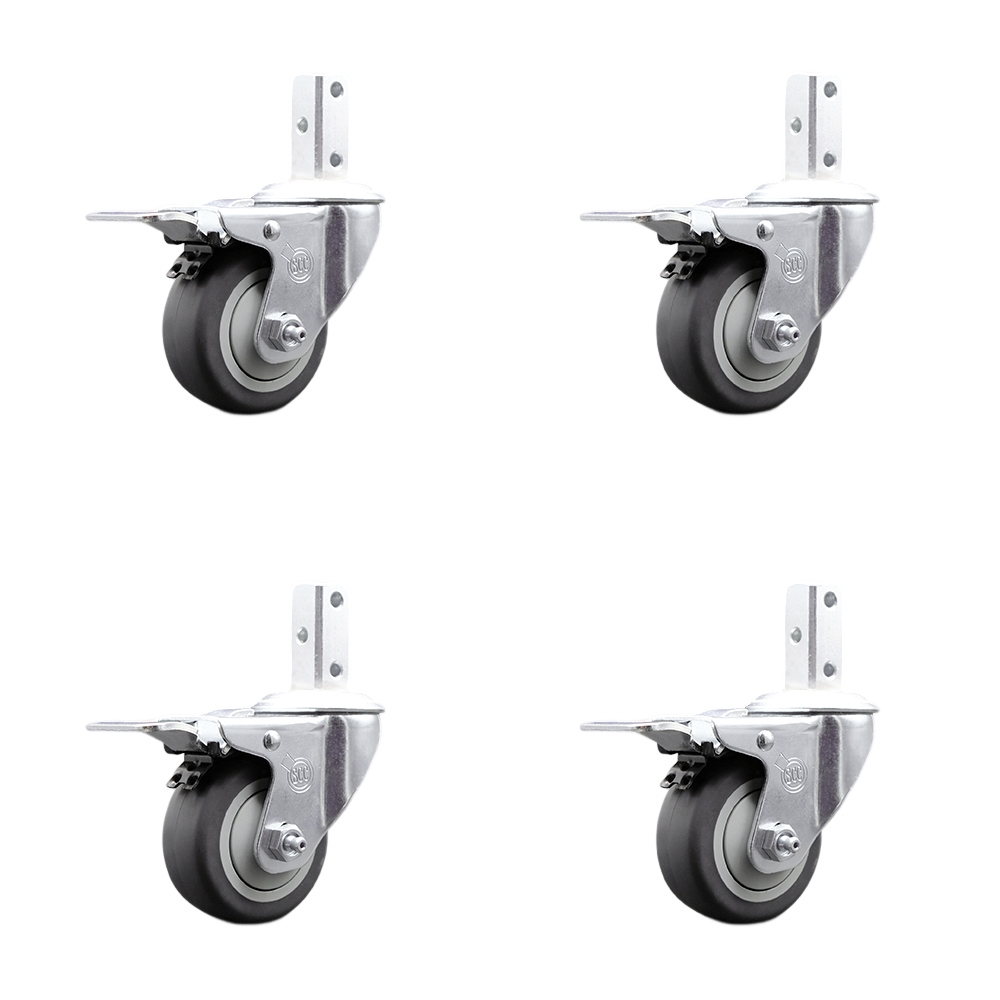 Swivel Square Stem Caster Set 4 w/3.5” x 1.25” Gray Thermoplastic Rubber Wheel - 7/8” x 2” Square Stem with (3) 17/64” Diameter Mounting Holes - Includes 4 Total Lock Brakes - Service Caster Brand — photo 1