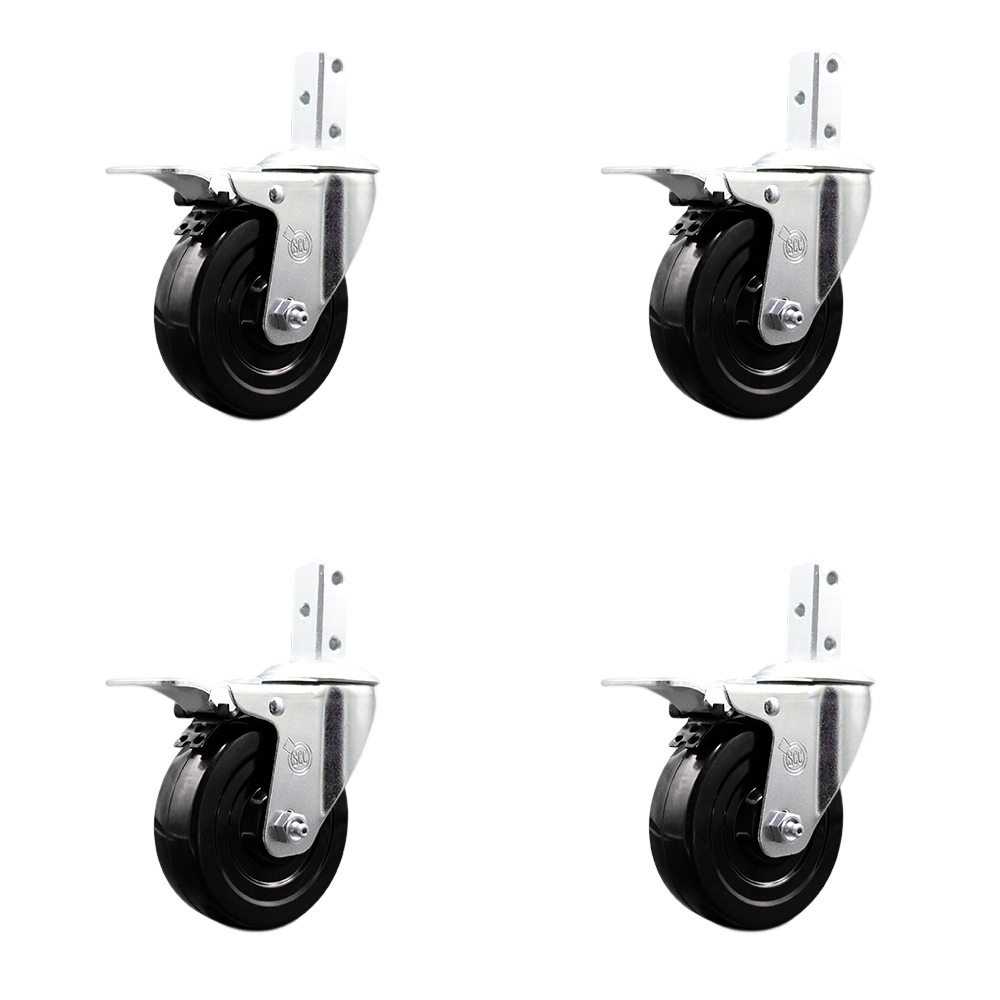 Swivel Square Stem Caster Set 4 w/4” x 1.25” Black Hard Rubber Wheel-3/4” x 2” Square Stem with (3) 17/64” Diameter Mounting Hole-Include 4 Total Lck Brakes-1200lbs. Cpty/Caster - Service Caster Brand — photo 1