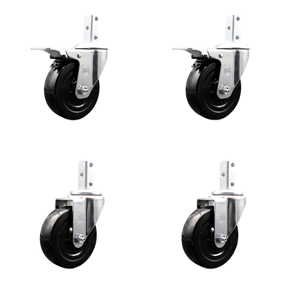 Swivel Square Stem Caster Set 4 w/4” x 1.25” Black Hard Rubber Wheel-7/8” x 2” Square Stem with (3) 17/64” Diameter Mounting Hole-Include 2 Total Lck Brakes-1200lbs. Cpty/Caster - Service Caster Brand — photo 1