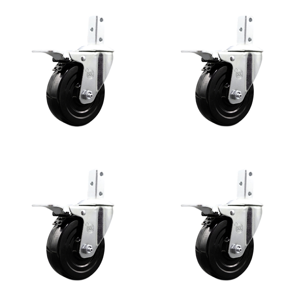 Swivel Square Stem Caster Set 4 w/4” x 1.25” Black Hard Rubber Wheel-7/8” x 2” Square Stem with (3) 17/64” Diameter Mounting Hole-Include 4 Total Lck Brakes-1200lbs. Cpty/Caster - Service Caster Brand — photo 1