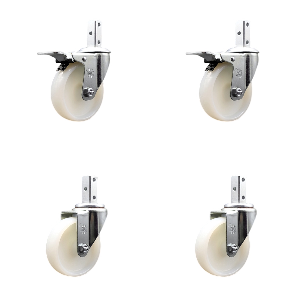 Swivel Square Stem Caster Set 4 w/4” x 1.25” White Nylon Wheel - 3/4” x 2” Square Stem with (3) 17/64” Diameter Mounting Holes- Includes 2 Total Lock Brakes-1200lbs. Cpty/Caster - Service Caster Brand — photo 1