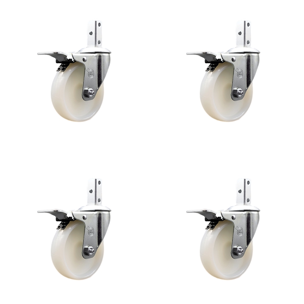 Swivel Square Stem Caster Set 4 w/4” x 1.25” White Nylon Wheel - 3/4” x 2” Square Stem with (3) 17/64” Diameter Mounting Holes- Includes 4 Total Lock Brakes-1200lbs. Cpty/Caster - Service Caster Brand — photo 1