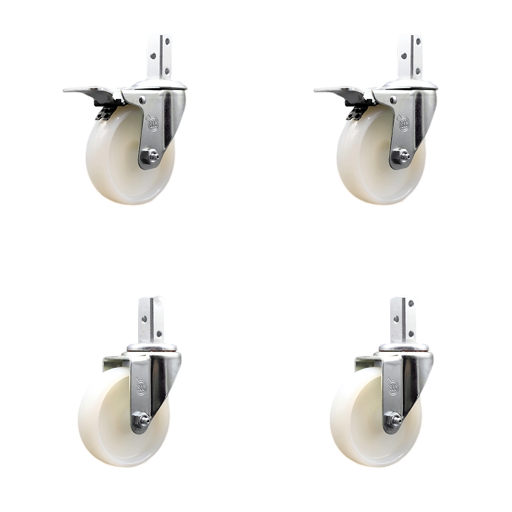 Swivel Square Stem Caster Set 4 w/4” x 1.25” White Nylon Wheel - 7/8” x 2” Square Stem with (3) 17/64” Diameter Mounting Holes- Includes 2 Total Lock Brakes-1200lbs. Cpty/Caster - Service Caster Brand — photo 1