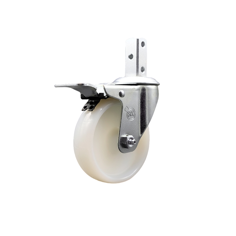 Swivel Square Stem Caster w/4” x 1.25” White Nylon Wheel – 7/8” x 2” Square Stem with (3) 17/64” Diameter Mounting Holes & Total Lock Brakes – 300 lbs. Capacity/Caster – Service Caster Brand — photo 1
