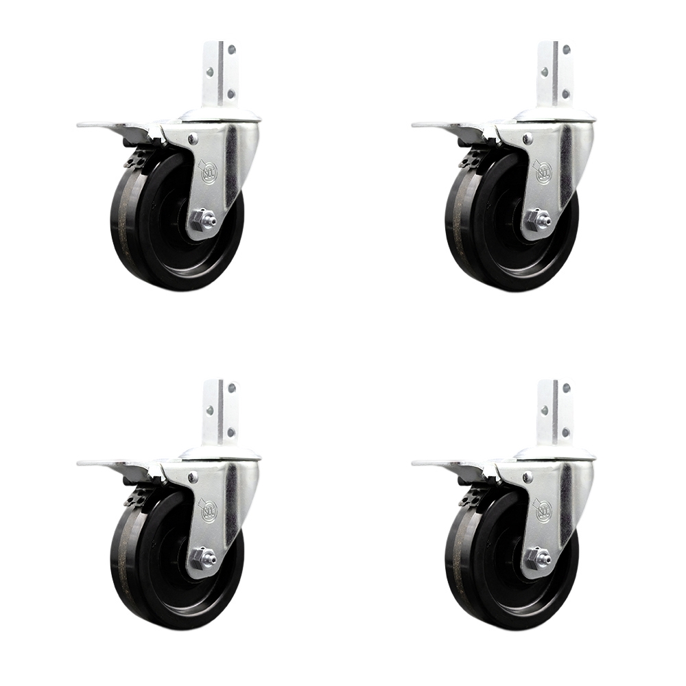 Swivel Square Stem Caster Set 4 w/4” x 1.25” Black Phenolic Wheel-3/4” x 2” Square Stem with (3) 17/64” Diameter Mounting Holes-Includes 4 Total Lock Brakes-1200lbs. Cpty/Caster - Service Caster Brand — photo 1