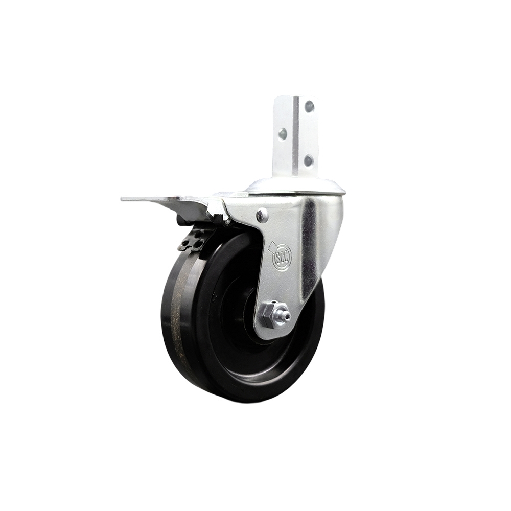 Swivel Square Stem Caster w/4” x 1.25” Black Phenolic Wheel – 3/4” x 2” Square Stem with (3) 17/64” Diameter Mounting Holes & Total Lock Brakes – 300 lbs. Capacity/Caster – Service Caster Brand — photo 1