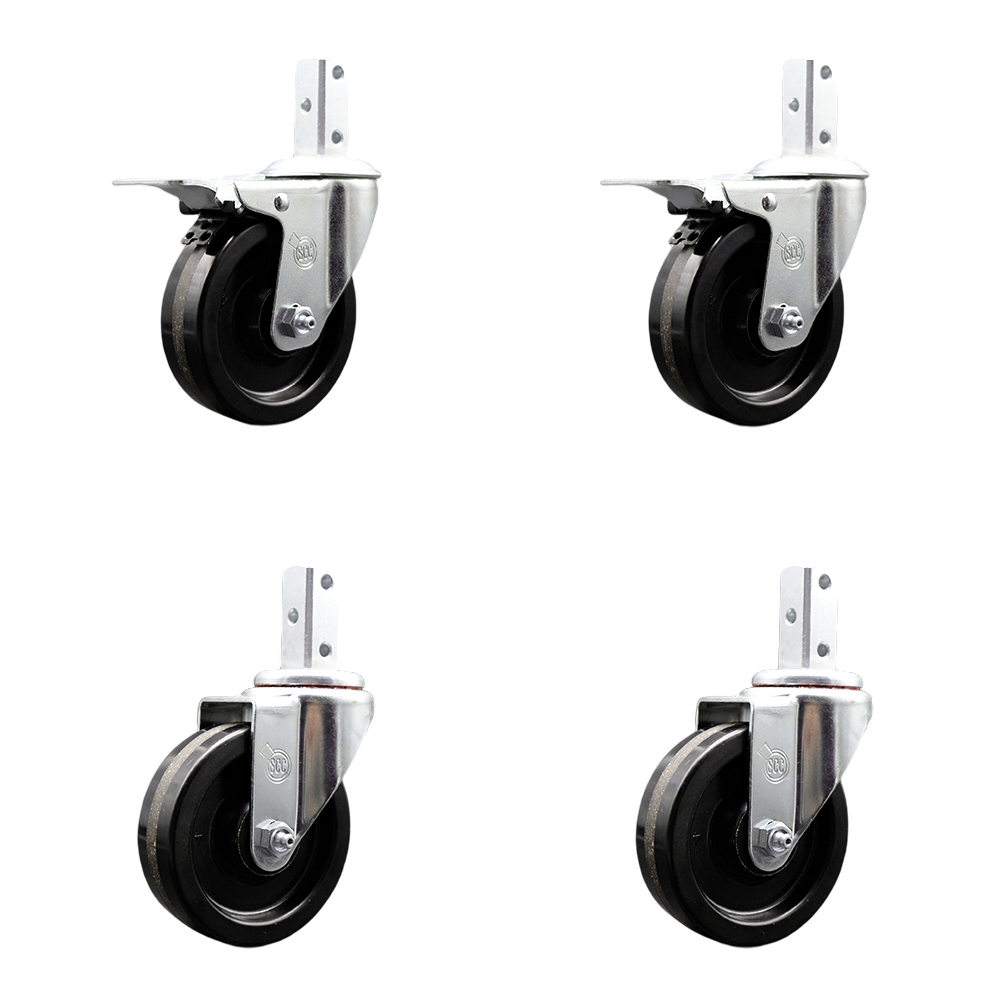 Swivel Square Stem Caster Set 4 w/4” x 1.25” Black Phenolic Wheel-7/8” x 2” Square Stem with (3) 17/64” Diameter Mounting Holes-Includes 2 Total Lock Brakes-1200lbs. Cpty/Caster - Service Caster Brand — photo 1
