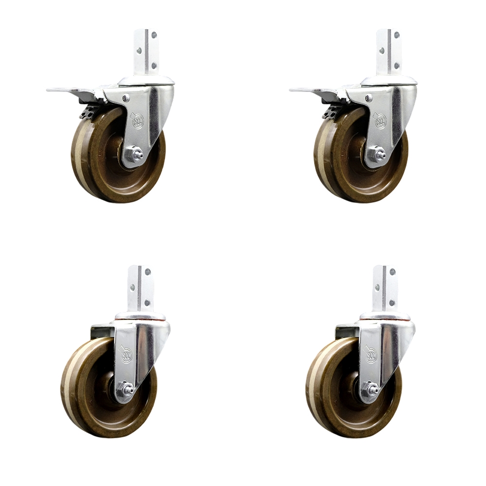 Swivel Square Stem Caster Set 4 w/4” x 1.25” Brown High Temp Phenolic Wheel - 3/4” x 2” Square Stem with (3) 17/64” Diameter Mounting Holes - Includes 2 Total Lock Brakes - Service Caster Brand — photo 1