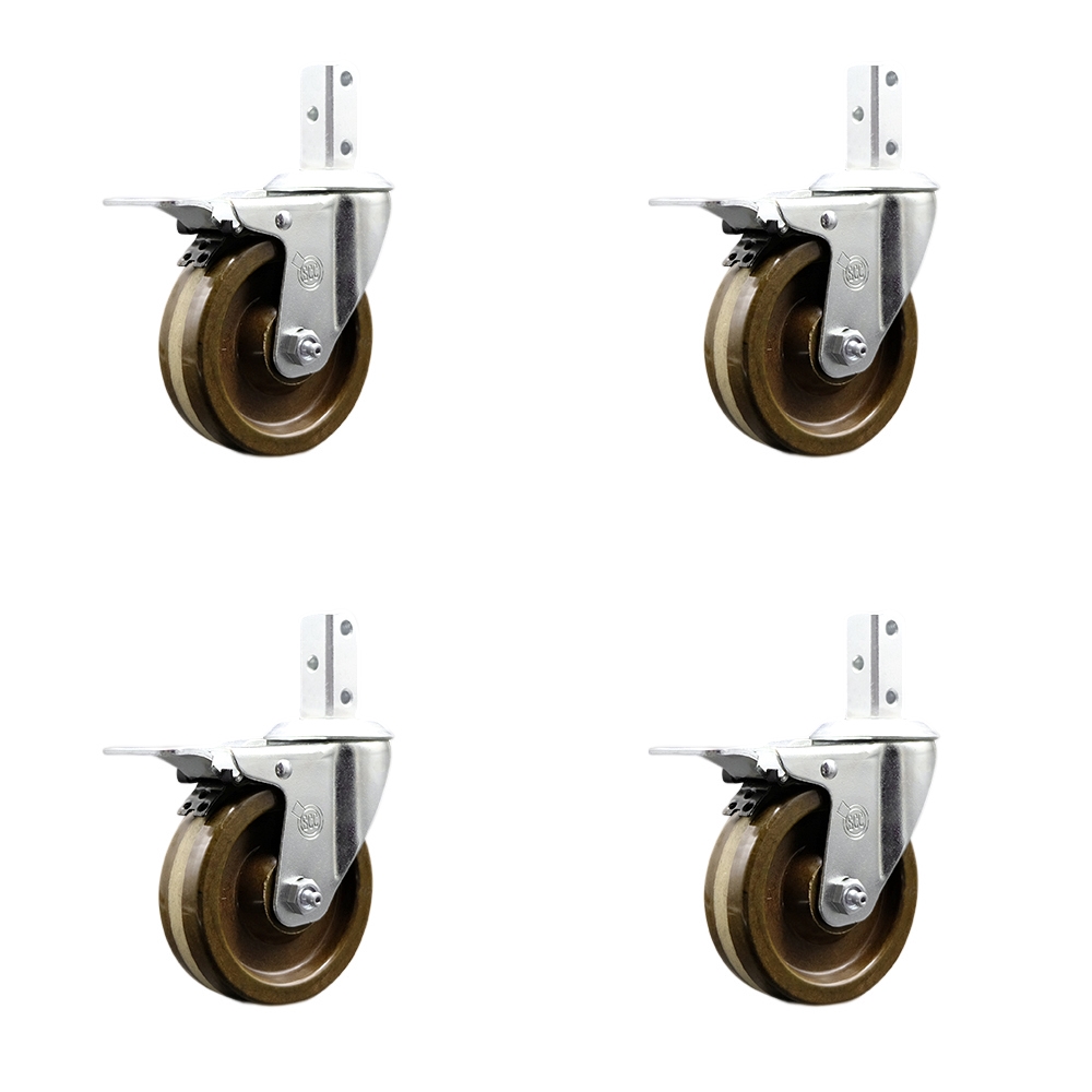 Swivel Square Stem Caster Set 4 w/4” x 1.25” Brown High Temp Phenolic Wheel - 7/8” x 2” Square Stem with (3) 17/64” Diameter Mounting Holes - Includes 4 Total Lock Brakes - Service Caster Brand — photo 1