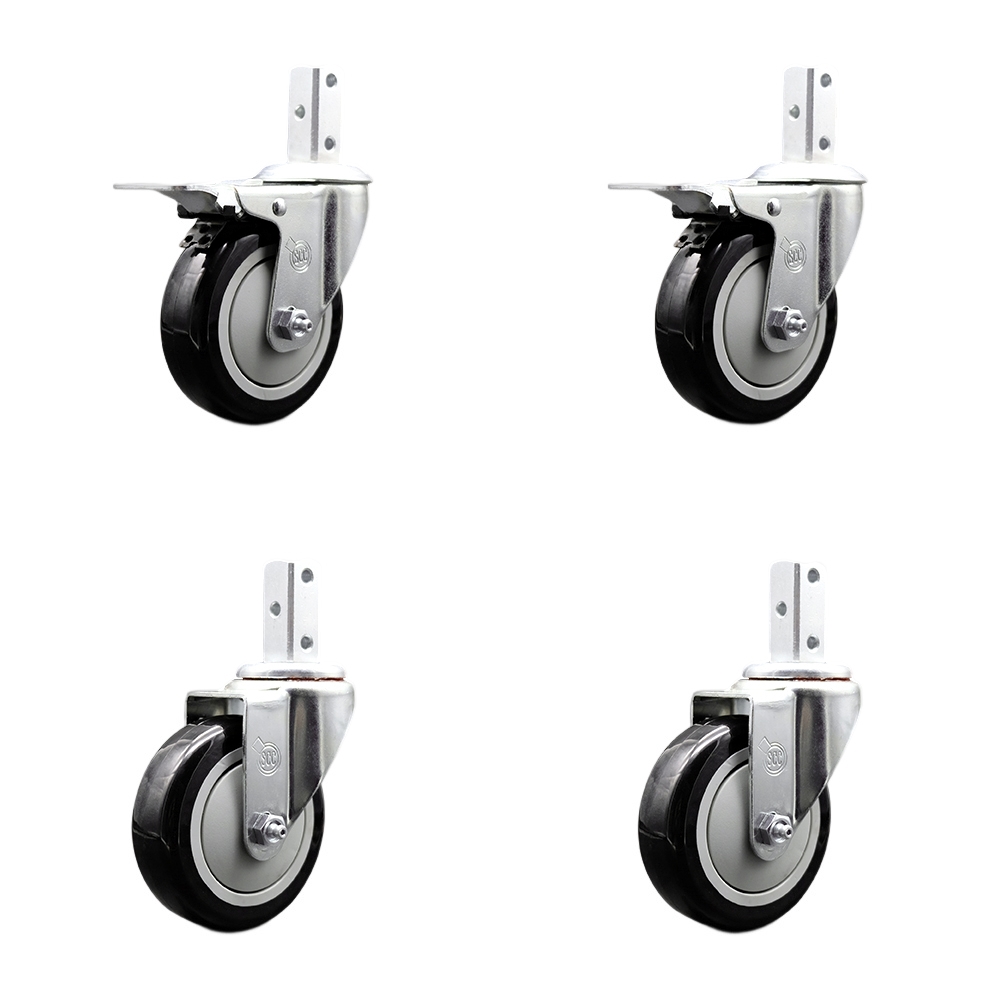 Swivel Square Stem Caster Set 4 w/4” x 1.25” Black Poly Wheel - 3/4” x 2” Square Stem with (3) 17/64” Diameter Mounting Holes - Includes 2 Total Lock Brakes-1400lbs. Cpty/Caster - Service Caster Brand — photo 1