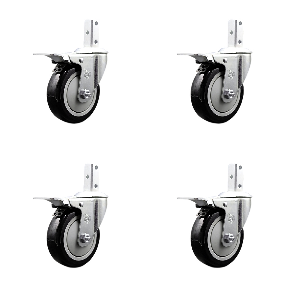 Swivel Square Stem Caster Set 4 w/4” x 1.25” Black Poly Wheel - 3/4” x 2” Square Stem with (3) 17/64” Diameter Mounting Holes - Includes 4 Total Lock Brakes-1400lbs. Cpty/Caster - Service Caster Brand — photo 1