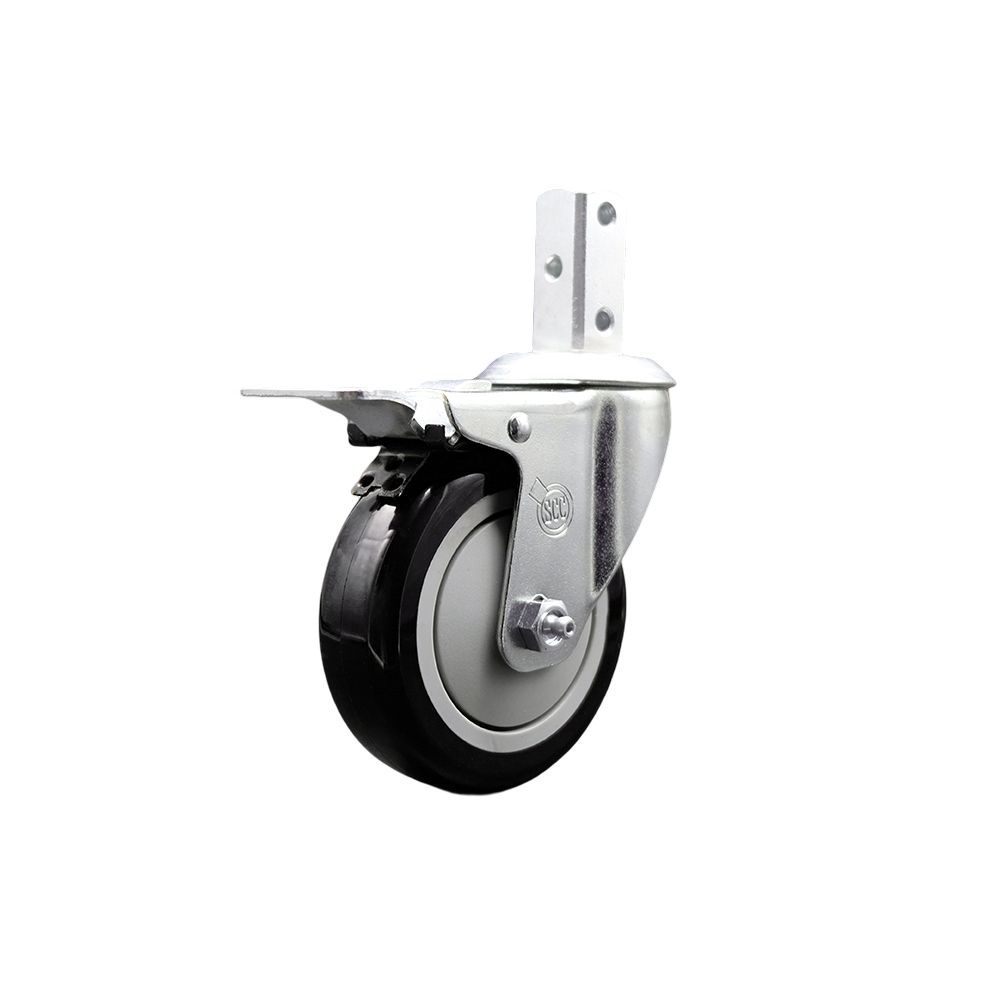 Swivel Square Stem Caster w/4” x 1.25” Black Polyurethane Wheel – 3/4” x 2” Square Stem with (3) 17/64” Diameter Mounting Holes & Total Lock Brakes – 350 lbs. Capacity/Caster – Service Caster Brand — photo 1