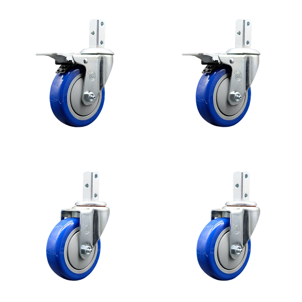 Swivel Square Stem Caster Set 4 w/4” x 1.25” Blue Poly Wheel - 3/4” x 2” Square Stem with (3) 17/64” Diameter Mounting Holes - Includes 2 Total Lock Brakes-1400lbs. Cpty/Caster - Service Caster Brand — photo 1