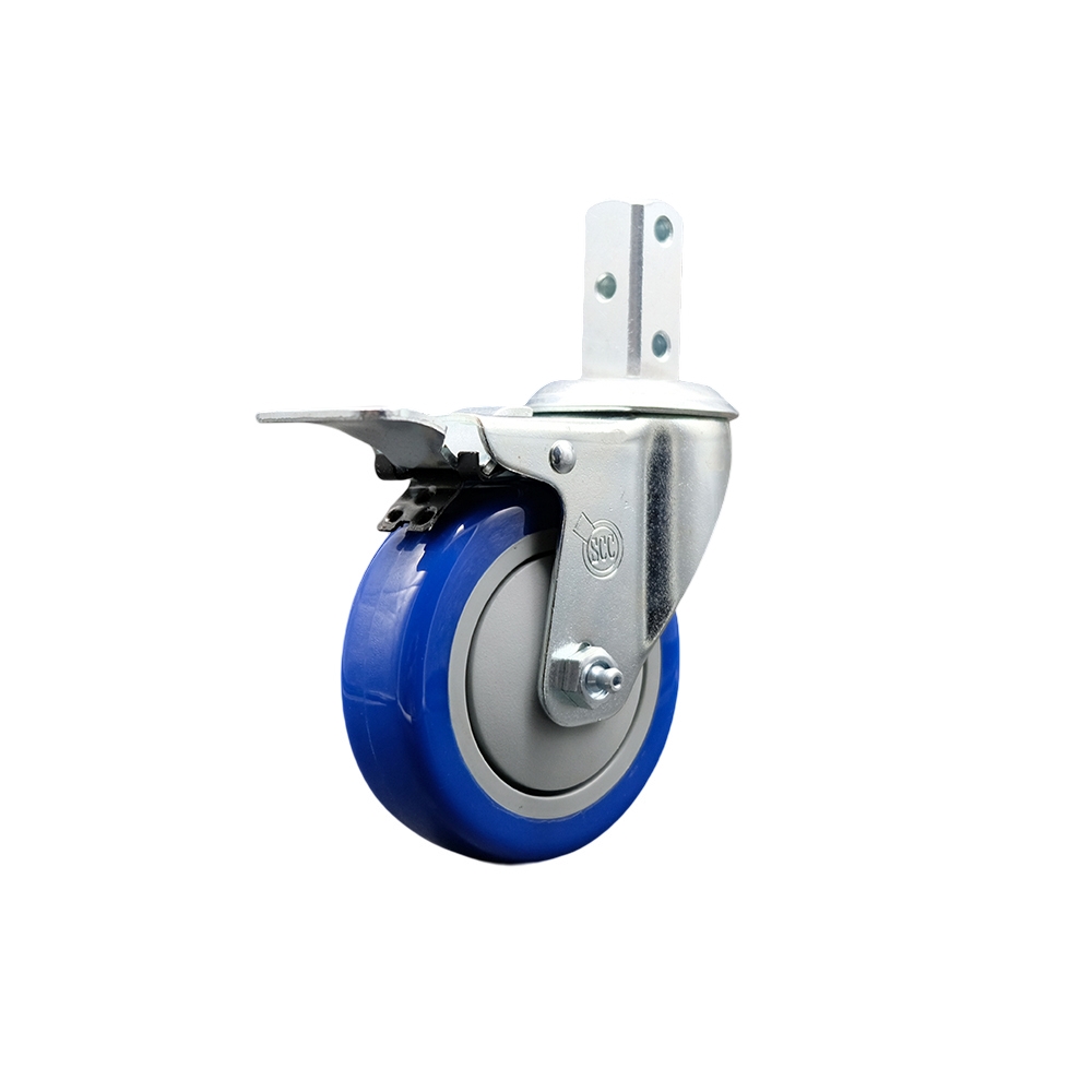Swivel Square Stem Caster w/4” x 1.25” Blue Polyurethane Wheel – 3/4” x 2” Square Stem with (3) 17/64” Diameter Mounting Holes & Total Lock Brakes – 350 lbs. Capacity/Caster – Service Caster Brand — photo 1