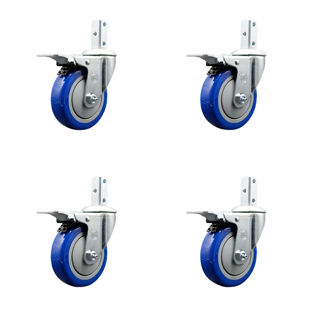 Swivel Square Stem Caster Set 4 w/4” x 1.25” Blue Poly Wheel - 7/8” x 2” Square Stem with (3) 17/64” Diameter Mounting Holes - Includes 4 Total Lock Brakes-1400lbs. Cpty/Caster - Service Caster Brand — photo 1