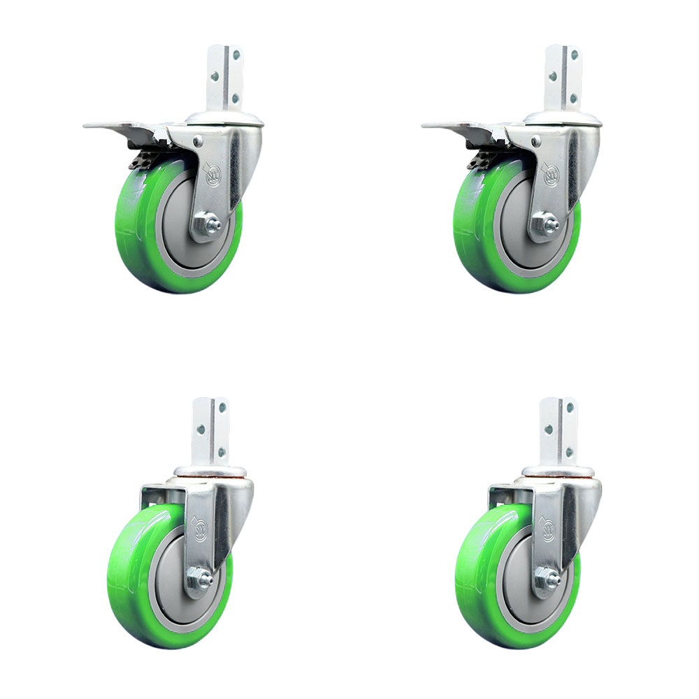 Swivel Square Stem Caster Set 4 w/4” x 1.25” Green Poly Wheel - 3/4” x 2” Square Stem with (3) 17/64” Diameter Mounting Holes - Includes 2 Total Lock Brakes-1400lbs. Cpty/Caster - Service Caster Brand — photo 1