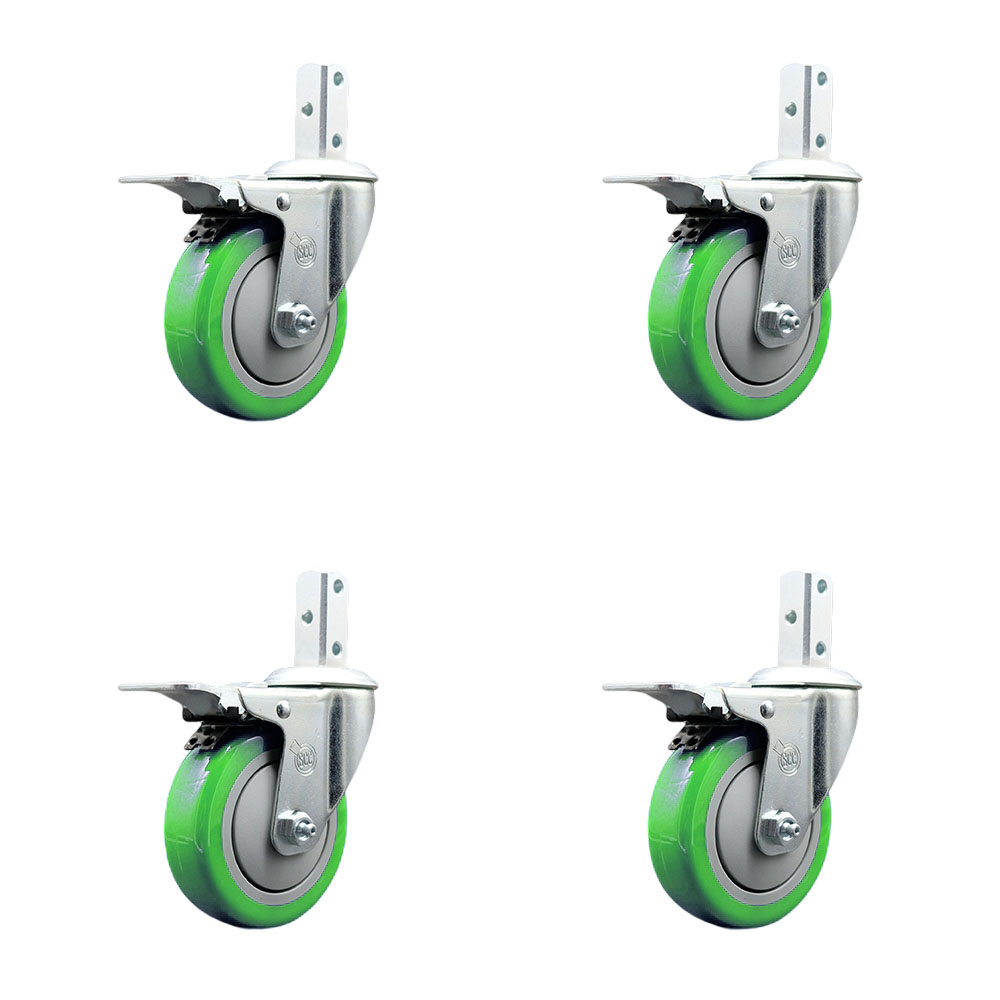 Swivel Square Stem Caster Set 4 w/4” x 1.25” Green Poly Wheel - 3/4” x 2” Square Stem with (3) 17/64” Diameter Mounting Holes - Includes 4 Total Lock Brakes-1400lbs. Cpty/Caster - Service Caster Brand — photo 1