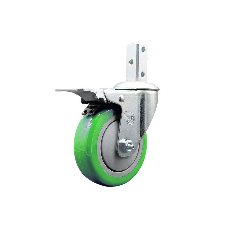 Swivel Square Stem Caster w/4” x 1.25” Green Polyurethane Wheel – 7/8” x 2” Square Stem with (3) 17/64” Diameter Mounting Holes & Total Lock Brakes – 350 lbs. Capacity/Caster – Service Caster Brand — photo 1