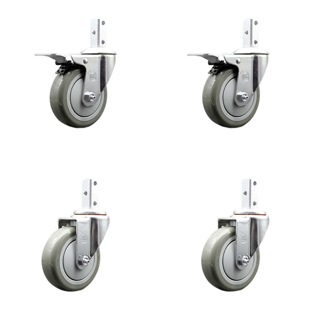 Swivel Square Stem Caster Set 4 w/4” x 1.25” Gray Poly Wheel - 3/4” x 2” Square Stem with (3) 17/64” Diameter Mounting Holes - Includes 2 Total Lock Brakes-1400lbs. Cpty/Caster - Service Caster Brand — photo 1
