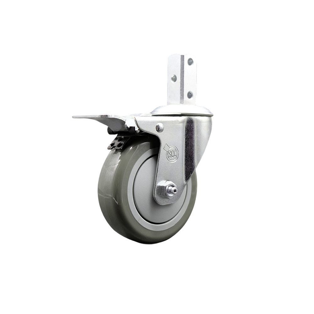 Swivel Square Stem Caster w/4” x 1.25” Gray Polyurethane Wheel – 3/4” x 2” Square Stem with (3) 17/64” Diameter Mounting Holes & Total Lock Brakes – 350 lbs. Capacity/Caster – Service Caster Brand — photo 1