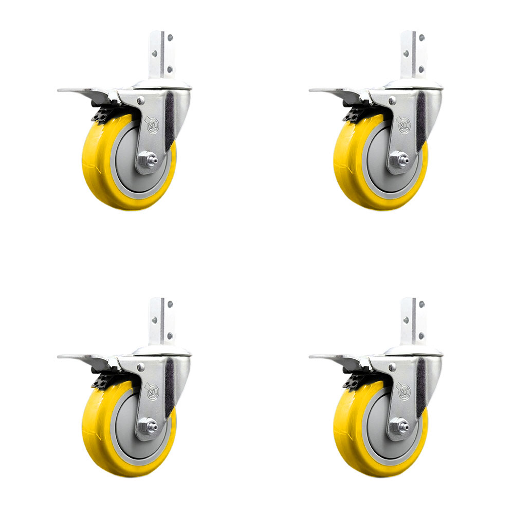 Swivel Square Stem Caster Set 4 w/4” x 1.25” Yellow Poly Wheel - 7/8” x 2” Square Stem with (3) 17/64” Diameter Mounting Holes -Includes 4 Total Lock Brakes-1400lbs. Cpty/Caster - Service Caster Brand — photo 1