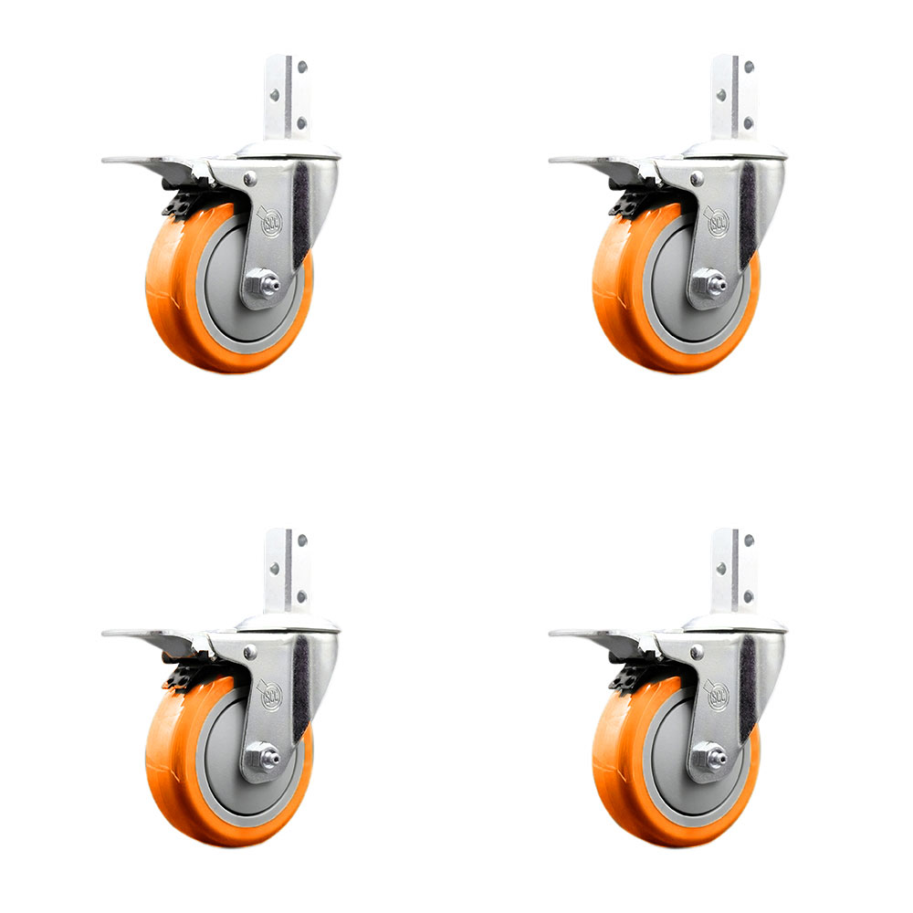 Swivel Square Stem Caster Set 4 w/4” x 1.25” Orange Poly Wheel - 7/8” x 2” Square Stem with (3) 17/64” Diameter Mounting Holes - Includes 4 Total Lock Brakes-1400lbs. Cpty/Caster- Service Caster Brand — photo 1
