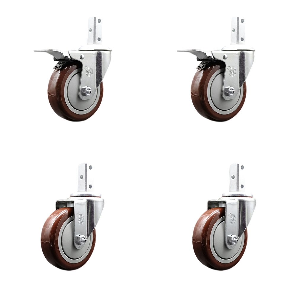 Swivel Square Stem Caster Set 4 w/4” x 1.25” Maroon Poly Wheel - 3/4” x 2” Square Stem with (3) 17/64” Diameter Mounting Holes- Includes 2 Total Lock Brakes-1400lbs. Cpty/Caster - Service Caster Brand — photo 1