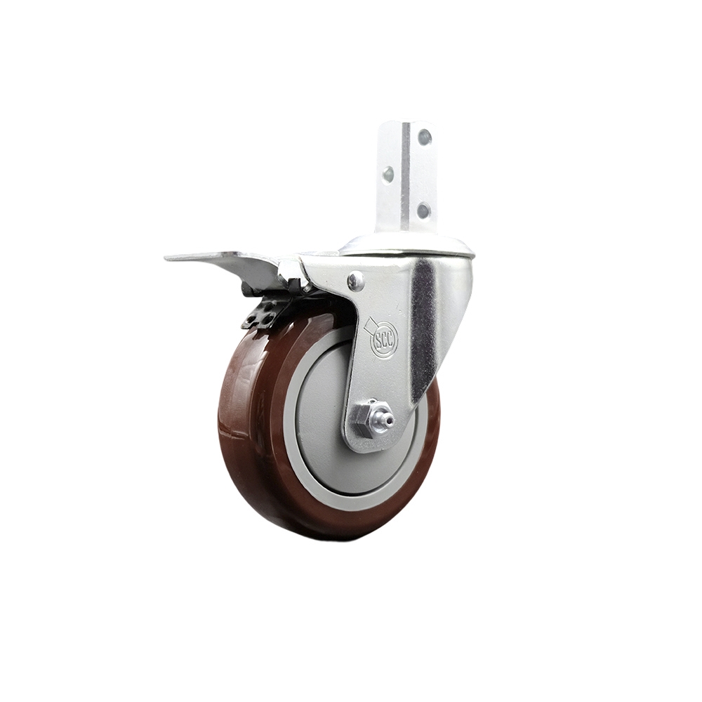 Swivel Square Stem Caster w/4” x 1.25” Maroon Polyurethane Wheel – 3/4” x 2” Square Stem with (3) 17/64” Diameter Mounting Holes & Total Lock Brakes – 350 lbs. Capacity/Caster – Service Caster Brand — photo 1