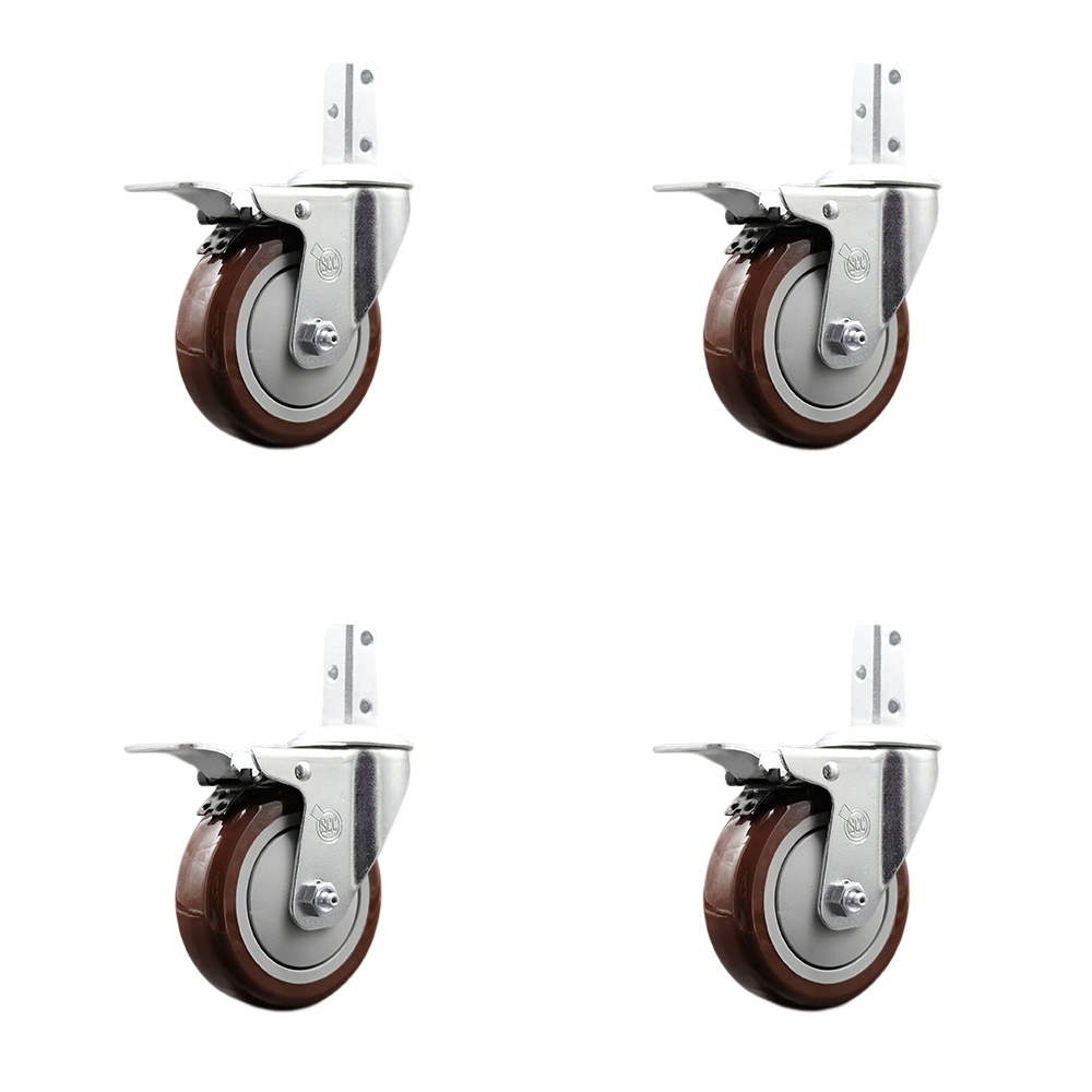 Swivel Square Stem Caster Set 4 w/4” x 1.25” Maroon Poly Wheel - 7/8” x 2” Square Stem with (3) 17/64” Diameter Mounting Holes- Includes 4 Total Lock Brakes-1400lbs. Cpty/Caster - Service Caster Brand — photo 1
