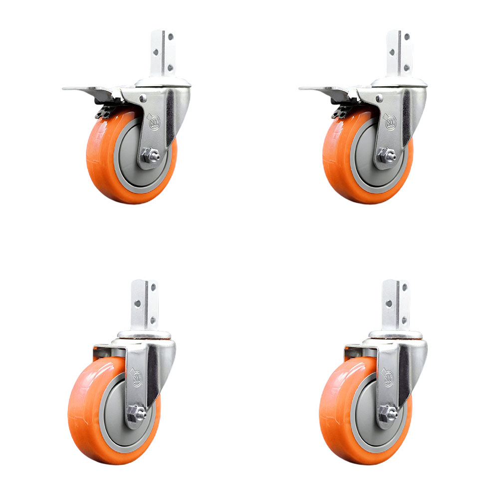 Swivel Square Stem Caster Set 4 w/4” x 1.25” Orange Poly Wheel - 3/4” x 2” Square Stem with (3) 17/64” Diameter Mounting Holes - Includes 2 Total Lock Brakes-1400lbs. Cpty/Caster- Service Caster Brand — photo 1
