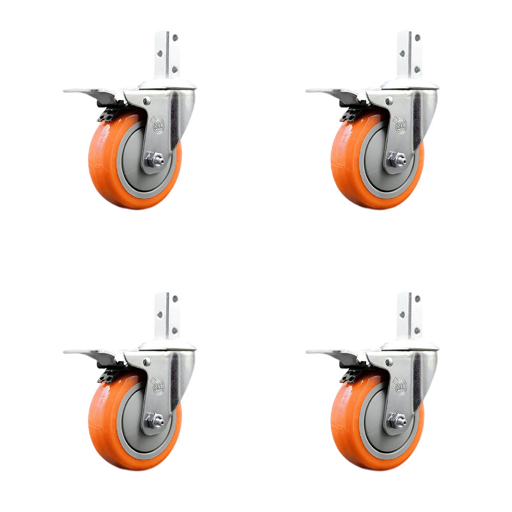 Swivel Square Stem Caster Set 4 w/4” x 1.25” Orange Poly Wheel - 3/4” x 2” Square Stem with (3) 17/64” Diameter Mounting Holes - Includes 4 Total Lock Brakes-1400lbs. Cpty/Caster- Service Caster Brand — photo 1