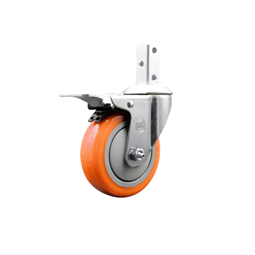 Swivel Square Stem Caster w/4” x 1.25” Orange Polyurethane Wheel – 7/8” x 2” Square Stem with (3) 17/64” Diameter Mounting Holes & Total Lock Brakes – 350 lbs. Capacity/Caster – Service Caster Brand — photo 1